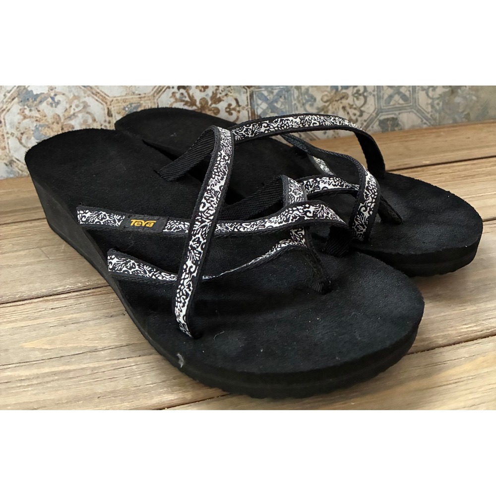 Teva Mush Mandalyn Wedge Ola 2 Sandals Black White Strappy Flip Flops Womens 9